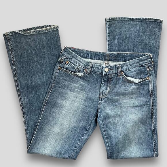 7 FOR ALL MANKIND RARE Y2K BOHO WESTERN COTTON A POCKET FLARE BLUE JEANS 28 - Picture 1 of 8